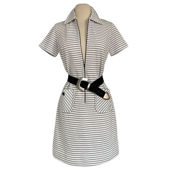 True Vintage Preppy 60s / 70s Front Zip Striped Polo Knit Dress with Pockets - Picture 1 of 10